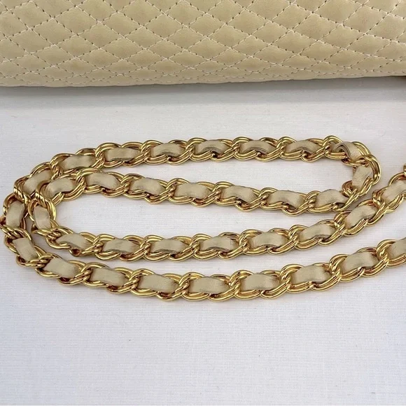 Bally Lambskin Leather Quilted Crossbody Bag with Gold Tone Chain in Cream - Picture 13 of 16